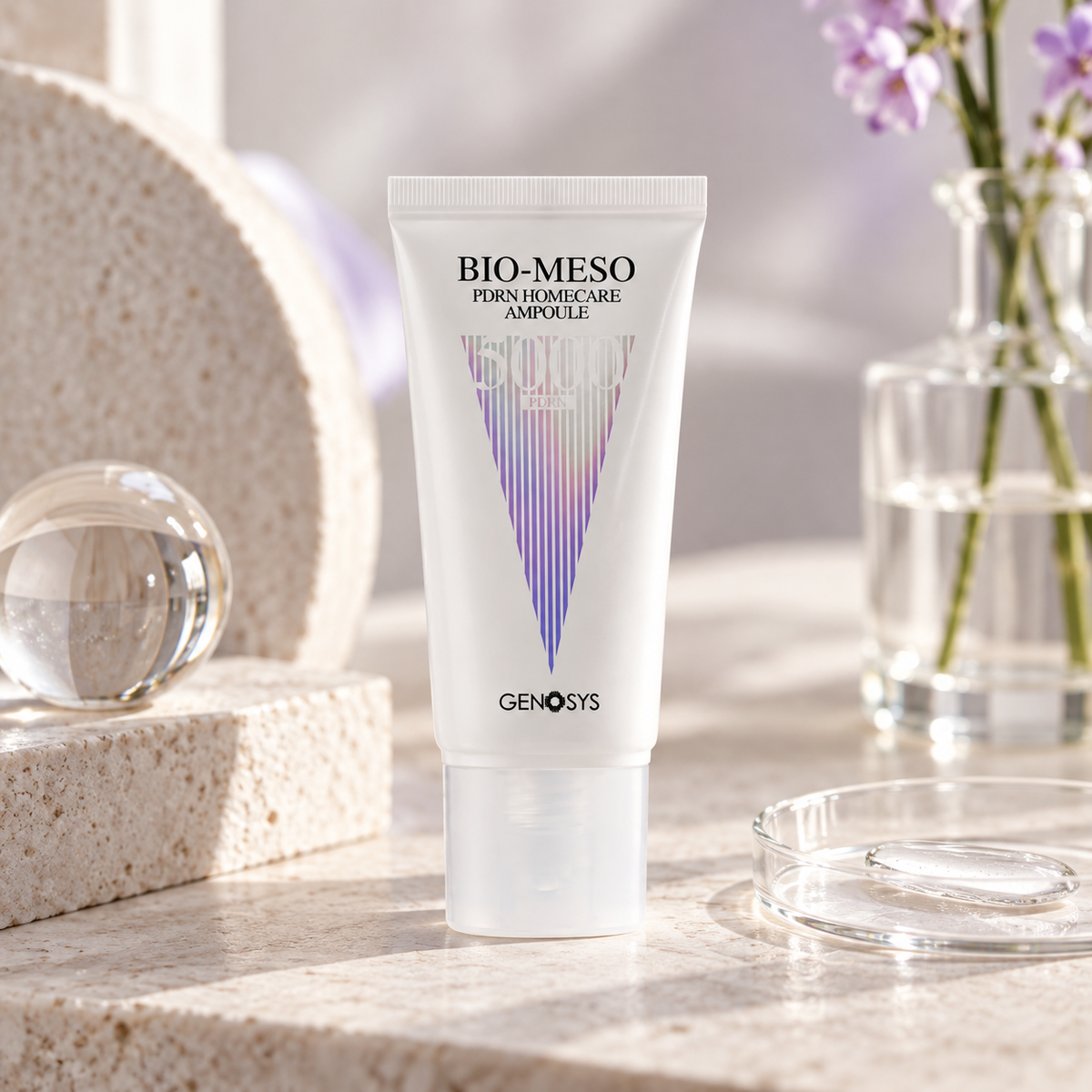GENOSYS Bio-Meso PDRN Homecare Ampoule 5000 σε κομψό περιβάλλον περιποίησης με φυσική πέτρα και λουλούδια.